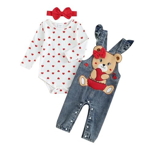 Baby Mädchen Valentinstag Bekleidungsset 3 Teiliges Valentinstag Outfit Langarm Herzmuster Strampler+Bär Stickerei Denim Latzhosen+Stirnband Baby Mädchen Süße Herz Bär Valentinstag Outfit von Lerrita