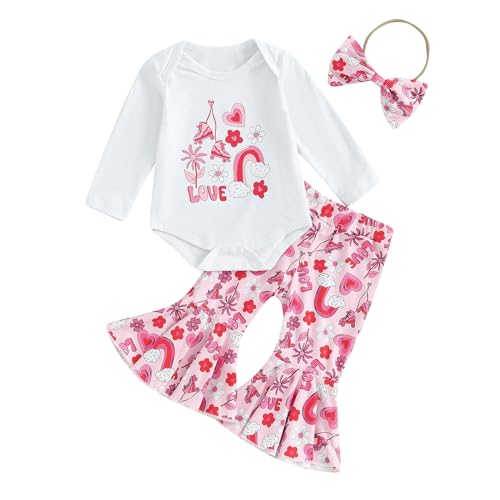 Baby Mädchen Valentinstag Bekleidungsset Valentinstag Outfit Langarm Rundhalsausschnitt Briefdruck Strampler Sweatshit+Rosa Herzmuster Schlaghosen+Strinband Valentinstag Outfits Set Streetwear von Lerrita