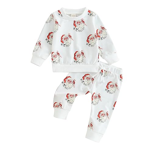 Baby Weihnachtsoutfit 2 Teiliges Weihnachten Bekleidungsset Jungen Mädchen Santa Claus Set Langarm Weihnachtsmann/Lebkuchen/Hirsch Carton Muster Sweatshirt+Hosen Mein Erstes Weihnachten Outfit von Lerrita