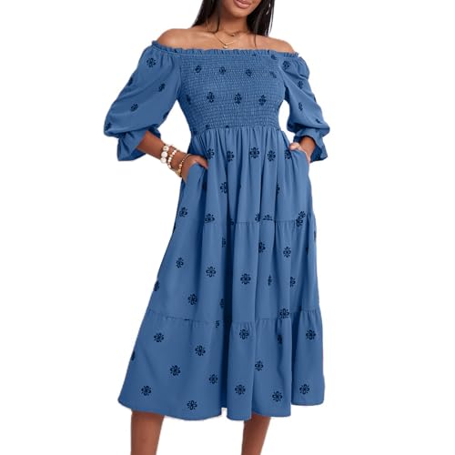 Damen Blumenstickerei Maxi Kleid Lange Puffärmel Quadratischer Ausschnitt GeStuftes Bohemian Kleid Gesmoktes Flowy Kleid 3D Blumen Maxikleid Sommer Boho Freizeitkleid Loose Rückenfrei Strand Kleid von Lerrita