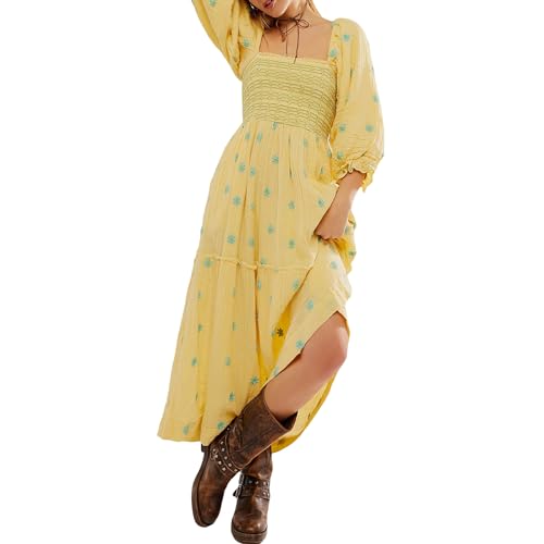 Damen Blumenstickerei Maxi Kleid Lange Puffärmel Quadratischer Ausschnitt GeStuftes Bohemian Kleid Gesmoktes Flowy Kleid 3D Blumen Maxikleid Sommer Boho Freizeitkleid Loose Rückenfrei Strand Kleid von Lerrita