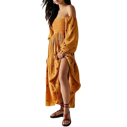 Damen Blumenstickerei Maxi Kleid Lange Puffärmel Quadratischer Ausschnitt GeStuftes Bohemian Kleid Gesmoktes Flowy Kleid 3D Blumen Maxikleid Sommer Boho Freizeitkleid Loose Rückenfrei Strand Kleid von Lerrita