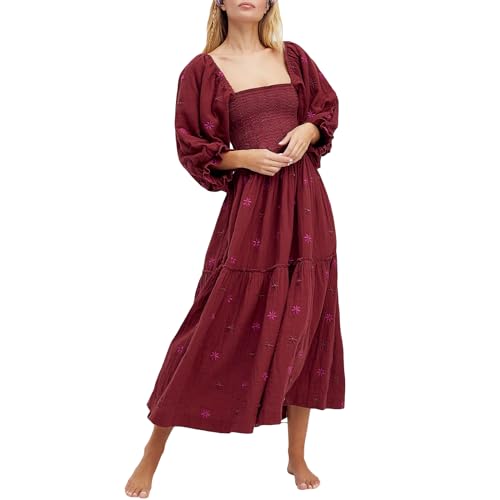Damen Blumenstickerei Maxi Kleid Lange Puffärmel Quadratischer Ausschnitt GeStuftes Bohemian Kleid Gesmoktes Flowy Kleid 3D Blumen Maxikleid Sommer Boho Freizeitkleid Loose Rückenfrei Strand Kleid von Lerrita