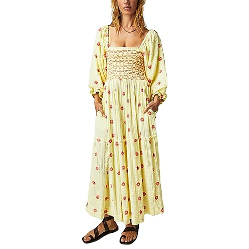 Damen Blumenstickerei Maxi Kleid Lange Puffärmel Quadratischer Ausschnitt GeStuftes Bohemian Kleid Gesmoktes Flowy Kleid 3D Blumen Maxikleid Sommer Boho Freizeitkleid Loose Rückenfrei Strand Kleid von Lerrita
