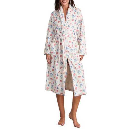 Damen Flanell Bademantel Flauschig Kimono Robe Fleece Blumendruck Morgenmantel Mit Bindegürtel Kuscheliger Weicher Langarm Reverskragen Spa-Bademantel Lange Pyjamas Nachtmantel Homewear Loungewear von Lerrita