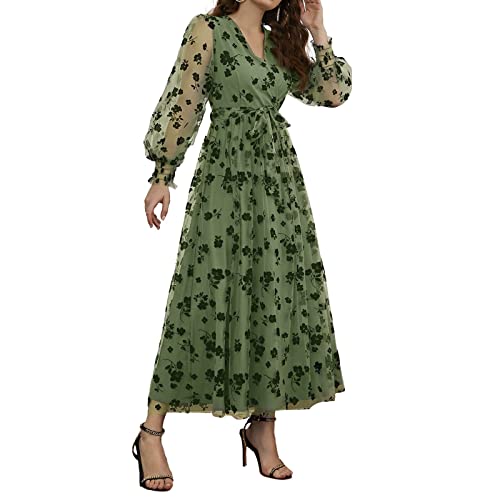 Damen Geblümtes Kleid mit Maschengürtel Blumenstickerei Tüll Maxikleid Langarm V-Ausschnitt Spitze Kleid Mit Gürtel Tüllkleid Falten Kleid Höhe Taille A Line Mesh Freizeit Spitze Maxikleid von Lerrita