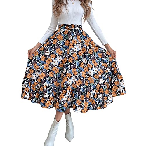 Damen Midirock Vintage Rüschenrock Leopard Blumenrock Hoch Taille Rock Sommer Kleid für Damen Chiffon Rock Blumen Faltenrock Urlaubsrock von Lerrita