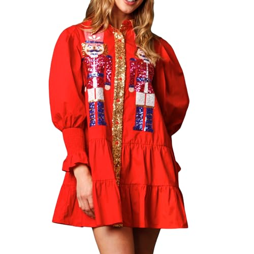 Damen Nussknacker Kleid Weihnachten Pailletten Nussknacker Shirt Kleid Langarm Button Down Gestuftes Kleid Nussknacker Kleid mit Pailletten Feiertage Party Club Santa Sweatshirt Kleid Streetwear von Lerrita