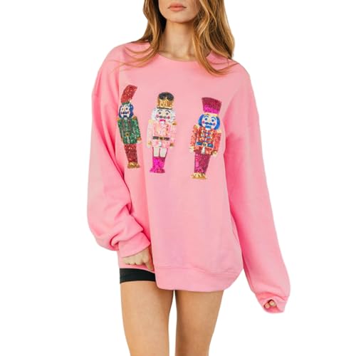 Damen Pailletten Nussknacker Sweatshirt - Loose Weihnachten Santa Pullover - Süßer Weihnachtsmann Lustig Cartoon Top Langarm Rundhalsausschnitt von Lerrita