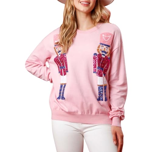 Damen Pailletten Nussknacker Sweatshirt Loose Weihnachten Nussknacker Santa Sweatshirt Süßer Weihnachtsmann Pullover Lustig Cartoon Top Langarm Rundhalsausscgnitt Pailletten Nussknacker Sweatshirt von Lerrita