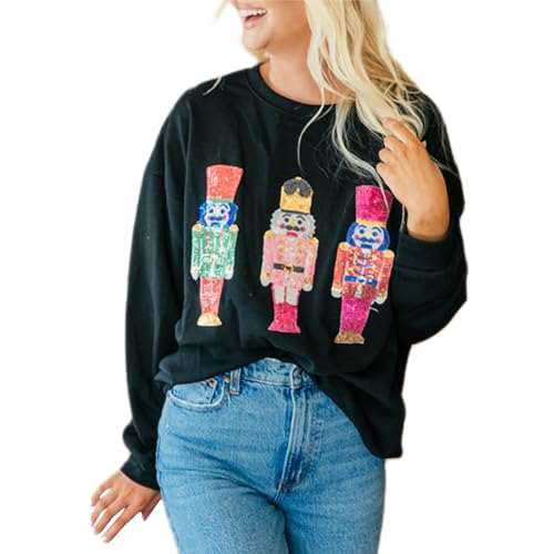 Damen Pailletten Nussknacker Sweatshirt - Loose Weihnachten Santa Pullover - Süßer Weihnachtsmann Lustig Cartoon Top Langarm Rundhalsausschnitt von Lerrita