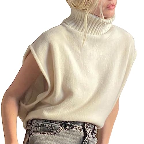 Damen Pullunder Strickweste Ärmellose Weste mit Rollkragen Einfarbig Rippstrick Rollkragen Pullover Cami Tank Strickweste Herbst Winter Warm Lose ullover Gilets Pullover Cami Weste Bluse Streetwear von Lerrita