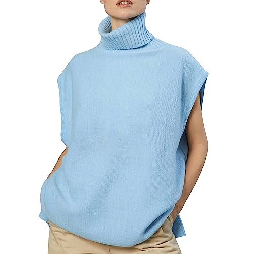 Damen Pullunder Strickweste Ärmellose Weste mit Rollkragen Einfarbig Rippstrick Rollkragen Pullover Cami Tank Strickweste Herbst Winter Warm Lose ullover Gilets Pullover Cami Weste Bluse Streetwear von Lerrita
