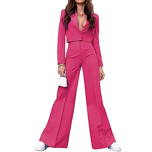 Damen Schlaghosen Anzugset 2 Teiliger Anzug Set Langarm Revers Business Büro Cropped Blazer+Hochtaillierte Schlaghose Einfarbige Slim Fit Anzugjacke+hose Elegant Büroanzug Modeanzug Streetwear von Lerrita