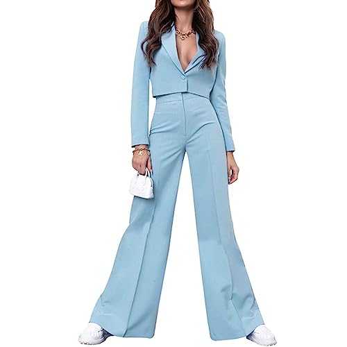 Damen Schlaghosen Anzugset 2 Teiliger Anzug Set Langarm Revers Business Büro Cropped Blazer+Hochtaillierte Schlaghose Einfarbige Slim Fit Anzugjacke+hose Elegant Büroanzug Modeanzug Streetwear von Lerrita