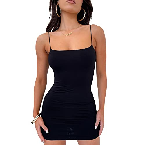 Damen Sexy Spaghettiträger Kleid Basic Rückenfrei Wickelkleid Sommer Bleistiftkleid Ärmellos Slim Fit Stretch MiniKleid Bequem Bodycon Partykleid Swing Lässig Trägerkleid Elegant Strandkleider von Lerrita