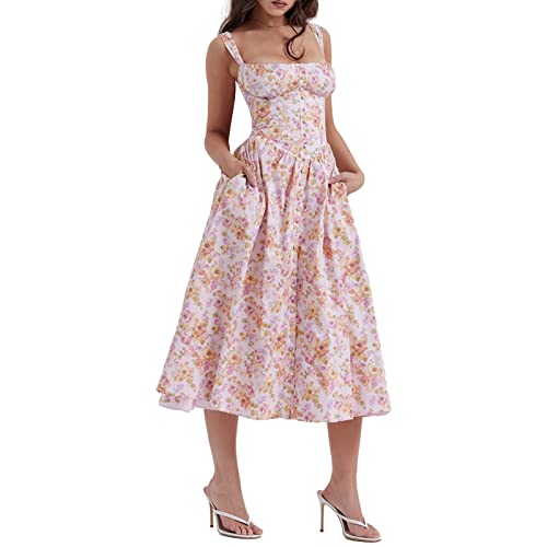 Damen Sommer Blumenkleid Korsett Blumen Korsett Wickelkleid Ärmellos Spaghettiträger Slim Fit Button Down A-Linie Blumenkleid Urlaub Strand Hochzeit Kleid Boho Ethnic Rüschenkleid Ausgehen Kleid von Lerrita