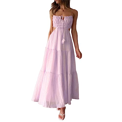 Damen Sommer Spitzenkleid Ärmelloses V-Ausschnitt Fließend Plissiertes Kleid Spaghettiträger Rückenfreies Cut Out Sonnenkleid Gestuftes Rüschenkleid Strandkleid Brautjungfernkleid Hochzeitskleid von Lerrita