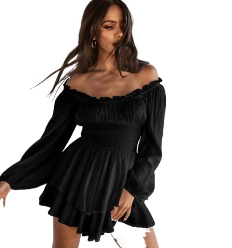 Damen Sommerkleid Swing Kleid Langarm Schulterfrei Korsett Kleid Mit integrierten Shorts Rüschen Mini Jumpsuit Kleid Sommer Plisse Kleid Einfarbiges A-Linien-Kleid Mode Strandkleid Blusekleid von Lerrita