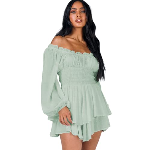 Damen Sommerkleid Swing Kleid Langarm Schulterfrei Korsett Kleid Mit integrierten Shorts Rüschen Mini Jumpsuit Kleid Sommer Plisse Kleid Einfarbiges A-Linien-Kleid Mode Strandkleid Blusekleid von Lerrita