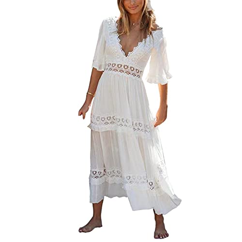 Damen Spitzen Kleid Hochzeitskleid Böhmen Damen Langer Sommer Kleid Flare Kurz Arm V-Ausschnitt Urlaubskleid Strandkleid mit Hoch Taillen Lässig Rüschenkleid Partys Urlaubs Maxikleid Für Damen S-L von Lerrita