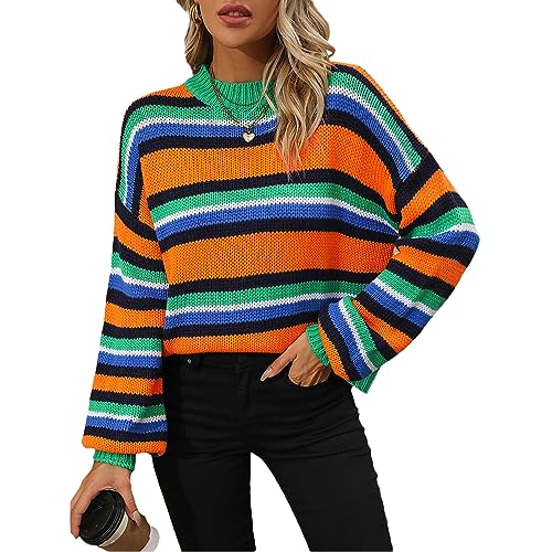 Damen Strickpullover Bunter Streifen Pullover Langarm O-Ausschnitt Gestreifte Strickpulli Elegant Herbst Winter Strick Sweater Farbblock Regenbogen Strick Croptop Vintage Ästhetisch Pullover Tops von Lerrita