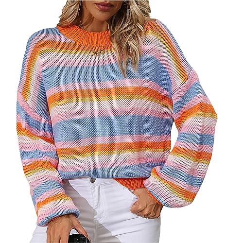 Damen Strickpullover Bunter Streifen Pullover Langarm O-Ausschnitt Gestreifte Strickpulli Elegant Herbst Winter Strick Sweater Farbblock Regenbogen Strick Croptop Vintage Ästhetisch Pullover Tops von Lerrita