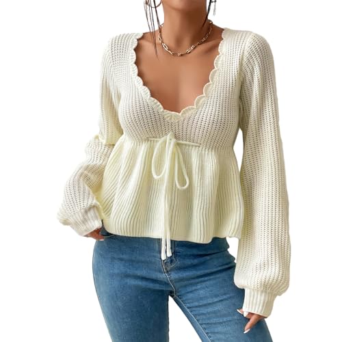 Damen Strickpullover Lange Laternenärmel Pullover Wellen V-Ausschnitt Gerippter Strickpullover Elegant Locker Pulli Einfarbig Grobstrickpullover Herbst Winter Feinstrick Sweater Freizeit Pullover von Lerrita