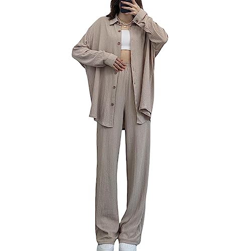 Damen Strukturierter Plissee-Anzug Damen 2 Teilig Button Down Outfit Plissee Loungewear Set Langarm Blusen+ Hohe Taille Weites Bein Hosen Sets Elegant Hosenanzug Casual Outfit Streetwear Anzug von Lerrita