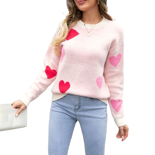 Damen Valentinstag Pullover Liebe Herz Strickpullover Valentinstag Herz Langarm Rundhalsausschnitt Oversized Beiläufige Grobstrickpullover Plüsche Valentinstag Herz Strickpulli Casual Tops mit Herz von Lerrita