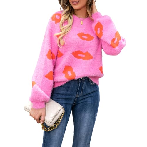 Damen Valentinstag Pullover Liebe Herz Strickpullover Valentinstag Herz Langarm Rundhalsausschnitt Oversized Beiläufige Grobstrickpullover Plüsche Valentinstag Herz Strickpulli Casual Tops mit Herz von Lerrita