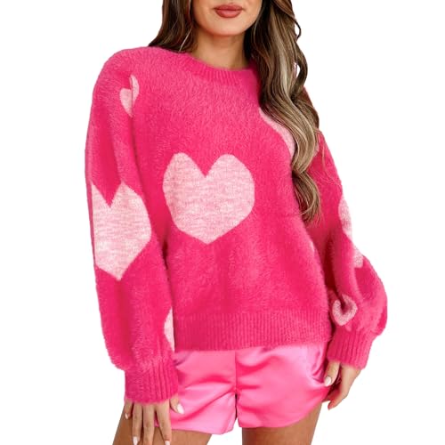 Damen Valentinstag Pullover Liebe Herz Strickpullover Valentinstag Herz Langarm Rundhalsausschnitt Oversized Beiläufige Grobstrickpullover Plüsche Valentinstag Herz Strickpulli Casual Tops mit Herz von Lerrita