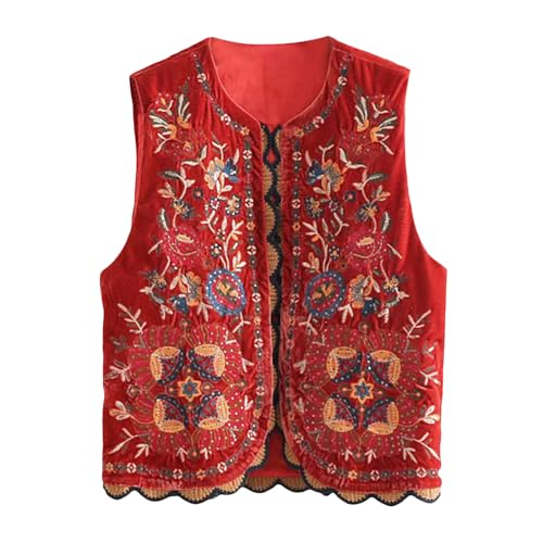 Damen Vintage Blumen Stickerei Weste - Ärmellose Ethnische Bestickte Y2K Cardigan - Retro Ethno Boho Stil Hippie Tops - Traditionelle Samte Weste von Lerrita