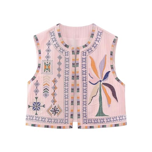Damen Vintage Blumen Stickerei Weste - Ärmellose Ethnische Bestickte Y2K Cardigan - Retro Ethno Boho Stil Hippie Tops - Samte Traditionelle Weste von Lerrita