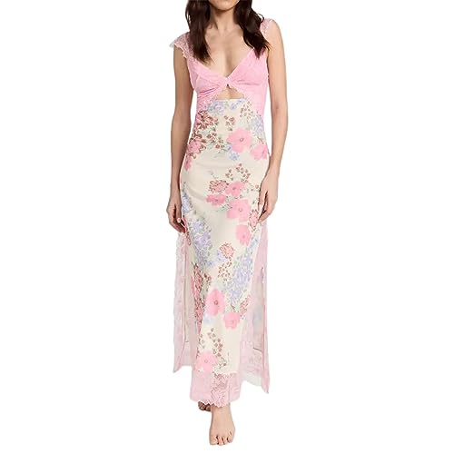 Damen Y2K Blumenspitze Kleid Ärmellos Spaghettiträger V-Ausschnitt Rückenfreies Maxikleid Spitze Patchwork Durchsichtiges Kleid Sexy Cutout Bodycon Schlitzkleid Sommer Strandkleid Party Club Kleid von Lerrita