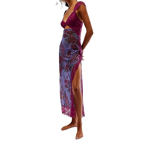 Damen Y2K Blumenspitze Kleid Ärmellos Spaghettiträger V-Ausschnitt Rückenfreies Maxikleid Spitze Patchwork Durchsichtiges Kleid Sexy Cutout Bodycon Schlitzkleid Sommer Strandkleid Party Club Kleid von Lerrita