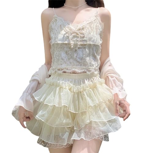 Damen Y2K Harajuku Rock Spitze Mini Rüschenrock Süß Lolita Kurze Röcke Hohe Taille Geschichtet Mini Röcke Mit Rüschen Elegant A-Linien Rock Puffy Rock mit schnürung Durchsichtig Mini Rock von Lerrita