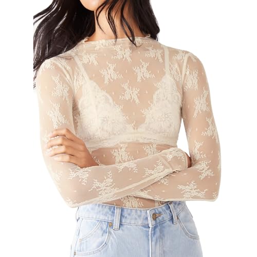 Damen Y2K Spitzen Langarmshirt Sheer Mesh Spitzen Oberteil Durchsichtige Blumenmuster Stehkragen Unterziehshirt Layering Tops Shirts Blumen Stickerei Spitzen Crop Top Leichte Blumen Spitzen Tops von Lerrita