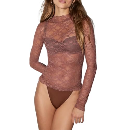 Damen Y2K Spitzen Langarmshirt Sheer Mesh Spitzen Oberteil Durchsichtige Blumenmuster Stehkragen Unterziehshirt Layering Tops Shirts Blumen Stickerei Spitzen Crop Top Leichte Blumen Spitzen Tops von Lerrita