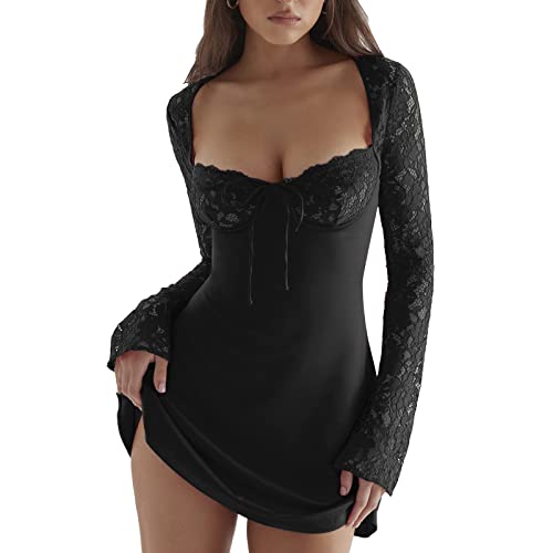 Damen Y2K Spitzenkleid Elegant Bleistiftkleid Spitze Patchwork Tunikakleid Langarm Spitze Patchwork A-Linien Kleid Modische Ausgehkleid Brautjungfernkleid Strandkleid Sommer Outfit Kleid Streetwear von Lerrita