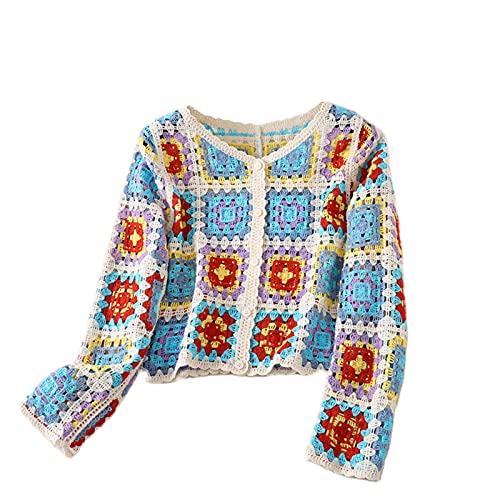 Damen Y2k Häkelpullover Ausgehöhltes Blumen Crop Tops Gehäkeltes Vintage Bunten Cardigan Sommer Boho Strickjacke Hohlstrick Strand Bikini Cover Up Langarm V-Auschnitt Strickjacke Mit Knopfleiste von Lerrita