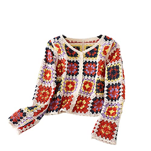 Damen Y2k Häkelpullover Ausgehöhltes Blumen Crop Tops Gehäkeltes Vintage Bunten Cardigan Sommer Boho Strickjacke Hohlstrick Strand Bikini Cover Up Langarm V-Auschnitt Strickjacke Mit Knopfleiste von Lerrita