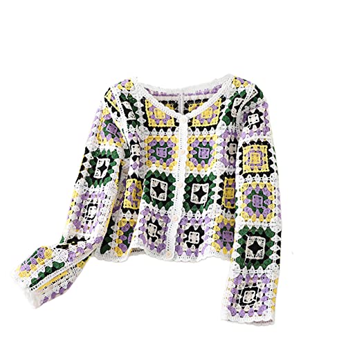 Damen Y2k Häkelpullover Ausgehöhltes Blumen Crop Tops Gehäkeltes Vintage Bunten Cardigan Sommer Boho Strickjacke Hohlstrick Strand Bikini Cover Up Langarm V-Auschnitt Strickjacke Mit Knopfleiste von Lerrita