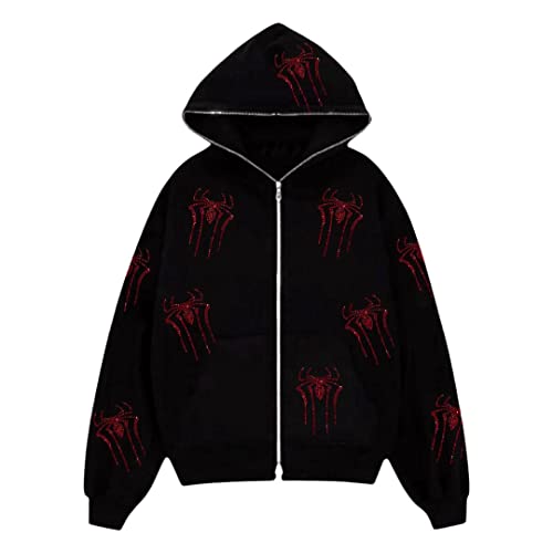 Damen Y7K Kapuzenjacke Halloween Strasssteine Totenkopf Spinne Druck Oversized Sweatshirt Halloween Strass Sekelett Sweatjacke Langarm Sweatshirt Harajuku Übergröße Jacke von Lerrita