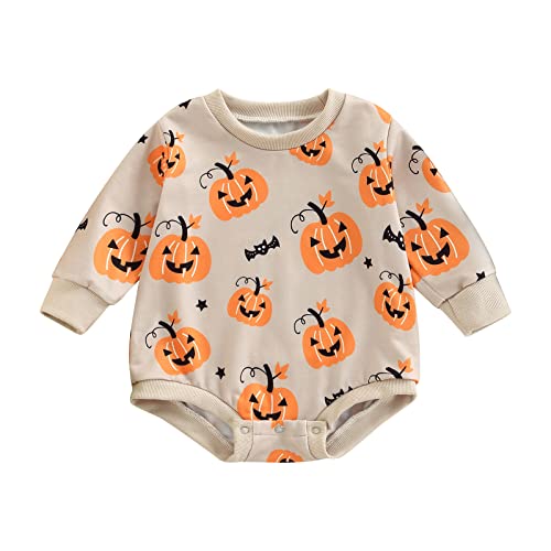 Lerrita Baby Halloween Sweatshirt Lamgarm Kürbis/Geist Muster Sweatshirt Strampler Baby Jungen Mädchen Halloween Overalls Einteiler Tops Halloween Outfits Halloween Kürbis/Geist Strampler Pullover von Lerrita