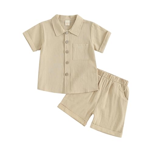 Lerrita Baby Jungen Sommer Baumwolle Kurze Hosen Set 2 Teiliges Sommer Baumwolle-LeinenOutfits Set Baby Junge Kurzarm Knopfleiste T-Shirt+Elastischer Bund Shorts Set Baby Einfarbige Shorts Set von Lerrita