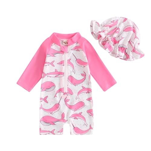 Lerrita Baby Mädchen Badeanzug Einteiliger Rashguard UV Schutz Badebekleidung Baby Langarm Reißverschluss Strand Jumpsuit Blumen/Meerjungfrau/Muscheln/Delfine Muster Badeanzug mit Sonnenhut von Lerrita