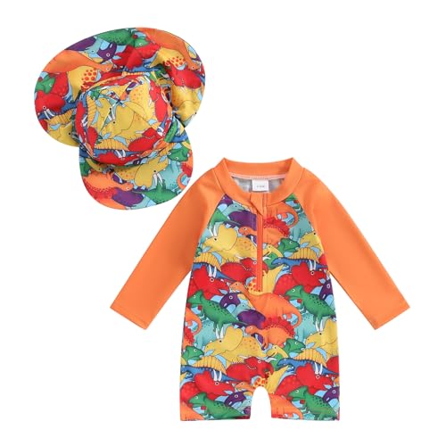 Lerrita Baby Mädchen Badeanzug Einteiliger Rashguard UV Schutz Badebekleidung Baby Langarm Reißverschluss Strand Jumpsuit Blumen/Meerjungfrau/Muscheln/Delfine Muster Badeanzug mit Sonnenhut von Lerrita