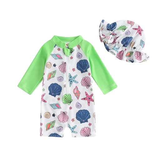 Lerrita Baby Mädchen Badeanzug Einteiliger Rashguard UV Schutz Badebekleidung Baby Langarm Reißverschluss Strand Jumpsuit Blumen/Meerjungfrau/Muscheln/Delfine Muster Badeanzug mit Sonnenhut von Lerrita