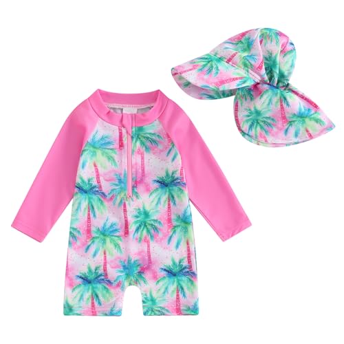 Lerrita Baby Mädchen Badeanzug Einteiliger Rashguard UV Schutz Badebekleidung Baby Langarm Reißverschluss Strand Jumpsuit Blumen/Meerjungfrau/Muscheln/Delfine Muster Badeanzug mit Sonnenhut von Lerrita